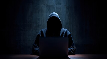 The mysterious figure in a hoodie working intently on a laptop in the dark