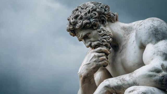 Marble statue of a thoughtful male figure, set against a moody sky, showcasing its artistic and historical value