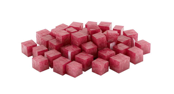Pile of textured red cubes stacked unevenly on a black backdrop