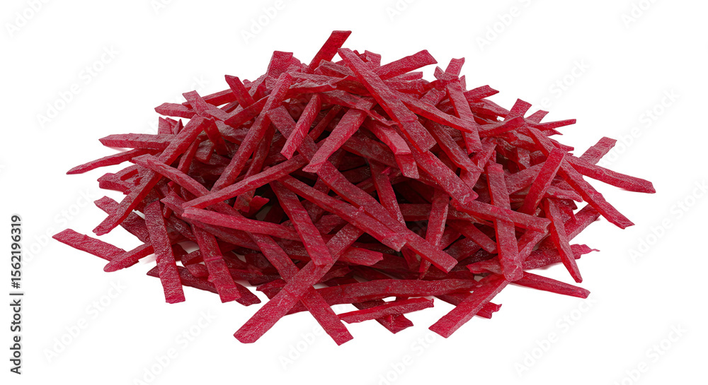 Poster pile of vibrant beet sticks arranged on a dark background in a studio shot