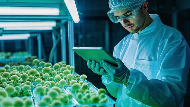 A scientist man in a lab coat studies mushroom development and records data on a tablet in a controlled growth environment