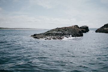 A rocky shoreline with a body of water in the background