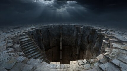 Dark, ruined well, ominous light