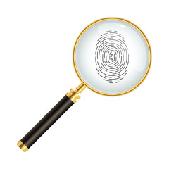 An isolated close-up features a fingerprint displayed under a gold-framed magnifying glass. The lens enlarges the unique whorls against a stark white background. Investigation focus.