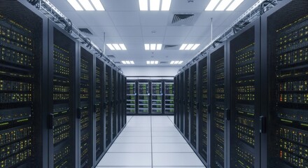 High Technology Server Room with Rows of Racks and Blinking Lights