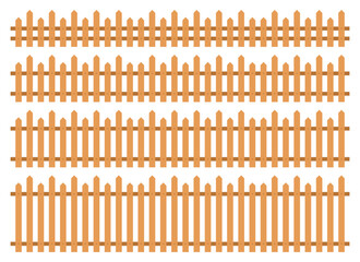 Four rows of light brown wooden picket fences are displayed on a white background. They have varied heights and spacing between the individual pickets.