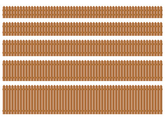 Five rows of wooden fences arranged horizontally against a stark white backdrop. The fences vary in height and design, from short, quaint barriers to taller, more robust structures.
