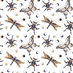 Seamless magic pattern of decorative dragonfly and butterfly, beetles, and moons on white background.