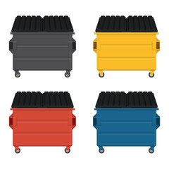 Four dumpsters of gray, yellow, red, and blue stand in a row, all with black tops. They are containers to collect waste, ready for waste management sanitation services.