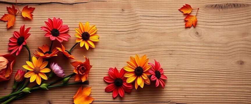 Blank rustic wood card mockup adorned with autumnal flowers,   seasonal greeting,  greeting card