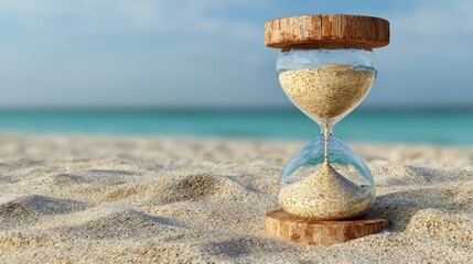 Hourglass on sandy beach, ocean view