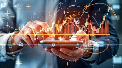 Business professional analyzing digital financial data with smartphone, financial graphs, and statistics overlay, modern technology in finance - Powered by Adobe