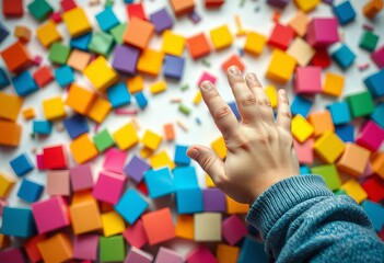 Colorful blocks scattered, child&#x27;s hand reaching, exploration, happy