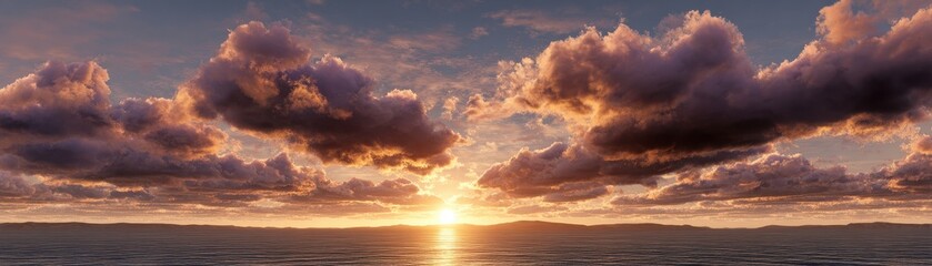 Obraz premium A vibrant sunset over a calm ocean with dramatic clouds illuminated by golden light, creating a peaceful and stunning natural scene.