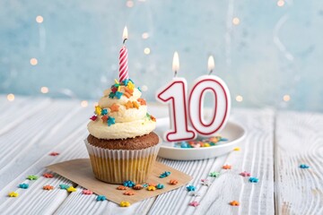 birthday cupcake with candle, Bright “10” number candle on party cupcake, isolated