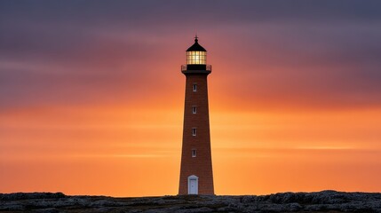 A tall lighthouse stands illuminated at sunset against a vibrant orange and purple sky, set on rocky terrain by the sea.