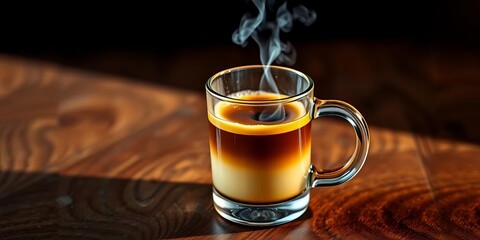 Dark wood, glass mug, steaming espresso, rich crema, coffee aroma,  surface,  detail