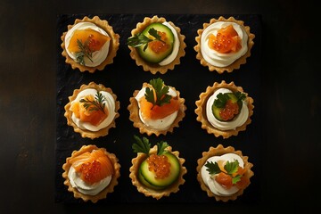 Mini tartlets with assorted fillings including avocado mousse, cream cheese with salmon, red caviar, julienne, and chicken with pineapple