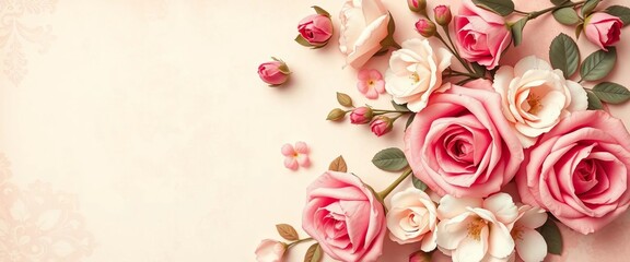 Muted pink & white vintage floral scrapbooking paper background featuring retro rose bouquets, shabby, pink