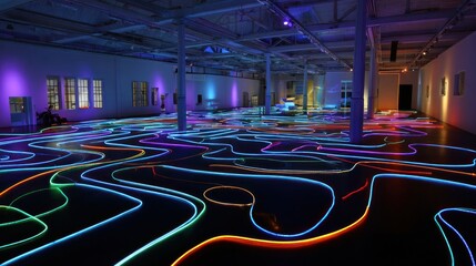Naklejka premium Colorful LED lines on a vast floor