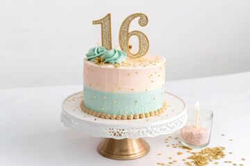 birthday cake with candles, Elegant pastel cake with “16” candles and gold sprinkles, isolated