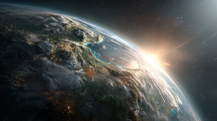 Fototapeta premium Stunning View of Earth from Space with Bright Sunrise in Background