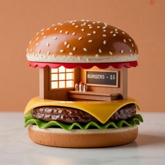 A miniature burger restaurant creatively designed as a giant hamburger with a tiny shop inside selling burgers for five dollars