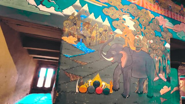 Symbolic representation in Tibetan Buddhism with the wheel of life Bhavachakra in Bhutan monastery