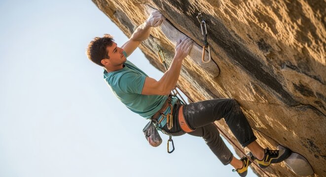 A focused male rock climber scales a natural rock face, chalked hands gripping holds, embodying strength and determination.