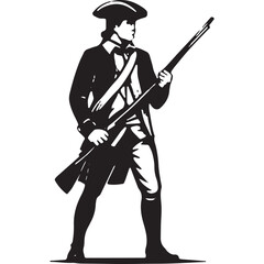 Vintage vector illustration of a soldier in historical military attire, holding a rifle, with a tricorn hat and detailed uniform