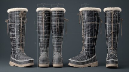 Detailed 3D model of winter boots, showing various angles and construction