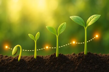 Growth stages of a plant seedling emerging from soil with a blurred green background view