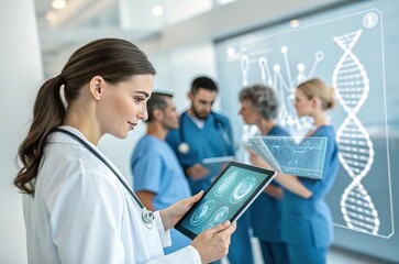 Medical professionals collaborate using advanced technology and holographic displays to analyze patient data and genetic information