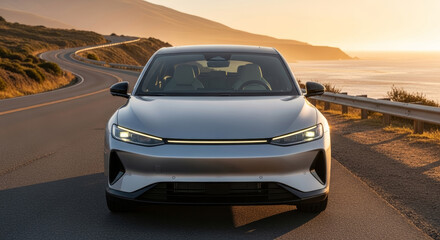 Modern electric sedan on scenic coastal highway at golden hour sunset. Sleek silver car with LED headlights positioned on winding road overlooking ocean vista.