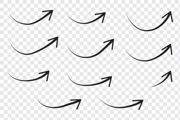 Collection hand drawn arrows. Set simple curved arrows isolated on white background. Collection of pointers. Vector illustration.
