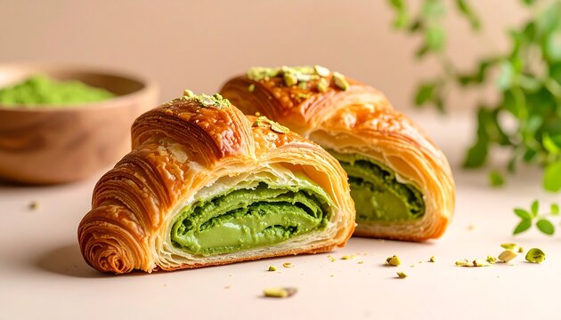 Two croissants filled with green matcha cream, topped with pistachio pieces, resting on a beige surface.