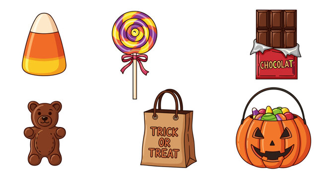 Illustration of halloween candy including corn chocolate lollipop and trick or treat bag and pumpkin bucket
