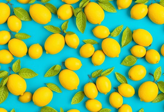 Vibrant yellow lemons on a bright blue background, forming a tropical seamless repeat pattern ,  texture,  illustration