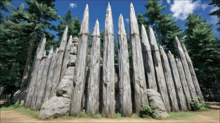 Wooden palisade fence in forest