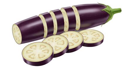 Sliced eggplant illustration showing the texture and seeds in a studio shot