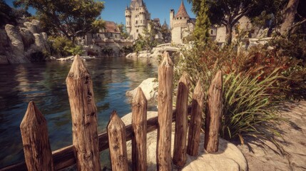 Fototapeta premium Wooden fence by a tranquil pond, medieval town beyond