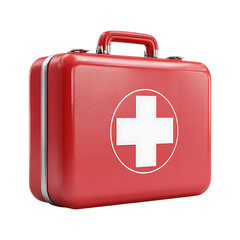 Obraz premium Red first aid kit isolated on white background. Emergency medical supplies.