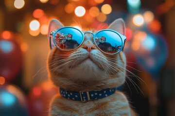 An adorable cat sports blue sunglasses reflecting an American flag, enjoying a festive 4th of July celebration filled with vibrant red, white, and blue confetti and balloons