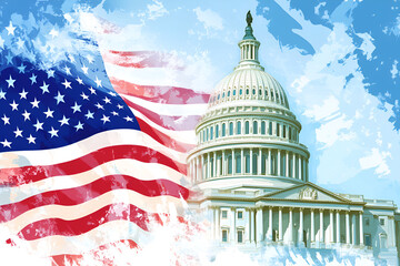 American flag waving proudly with Capitol building patriotic scene