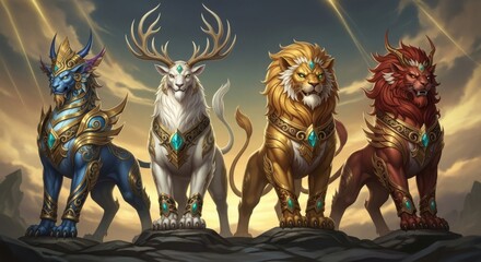 Majestic mythical creatures standing tall in a dramatic sky