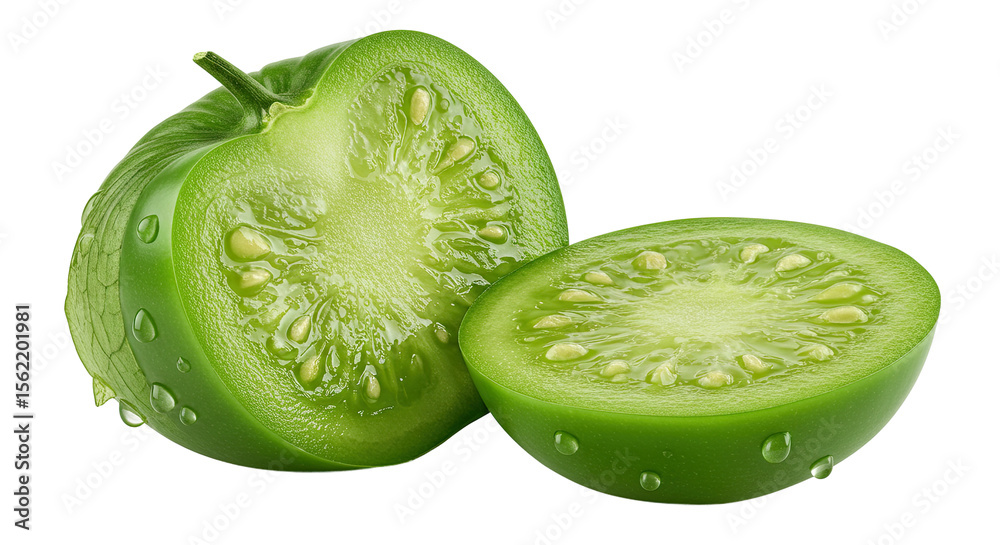 Poster sliced green tomatillo displaying the seeds and juicy texture closeup