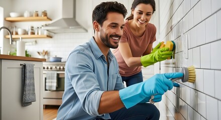 Obraz premium Smiling Couple Cleaning Kitchen Tiles Together with Sponges and Brush Domestic Bliss.