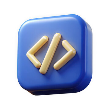 3d rendering of a blue square icon with yellow angle brackets isolated on transparent background