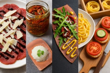 Italian cuisine collage featuring delicious meat and pasta dishes