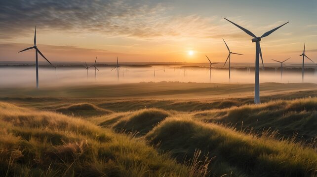 Wind turbines spinning in green field at sunrise. Ideal for renewable energy, nature, and eco-friendly content.

